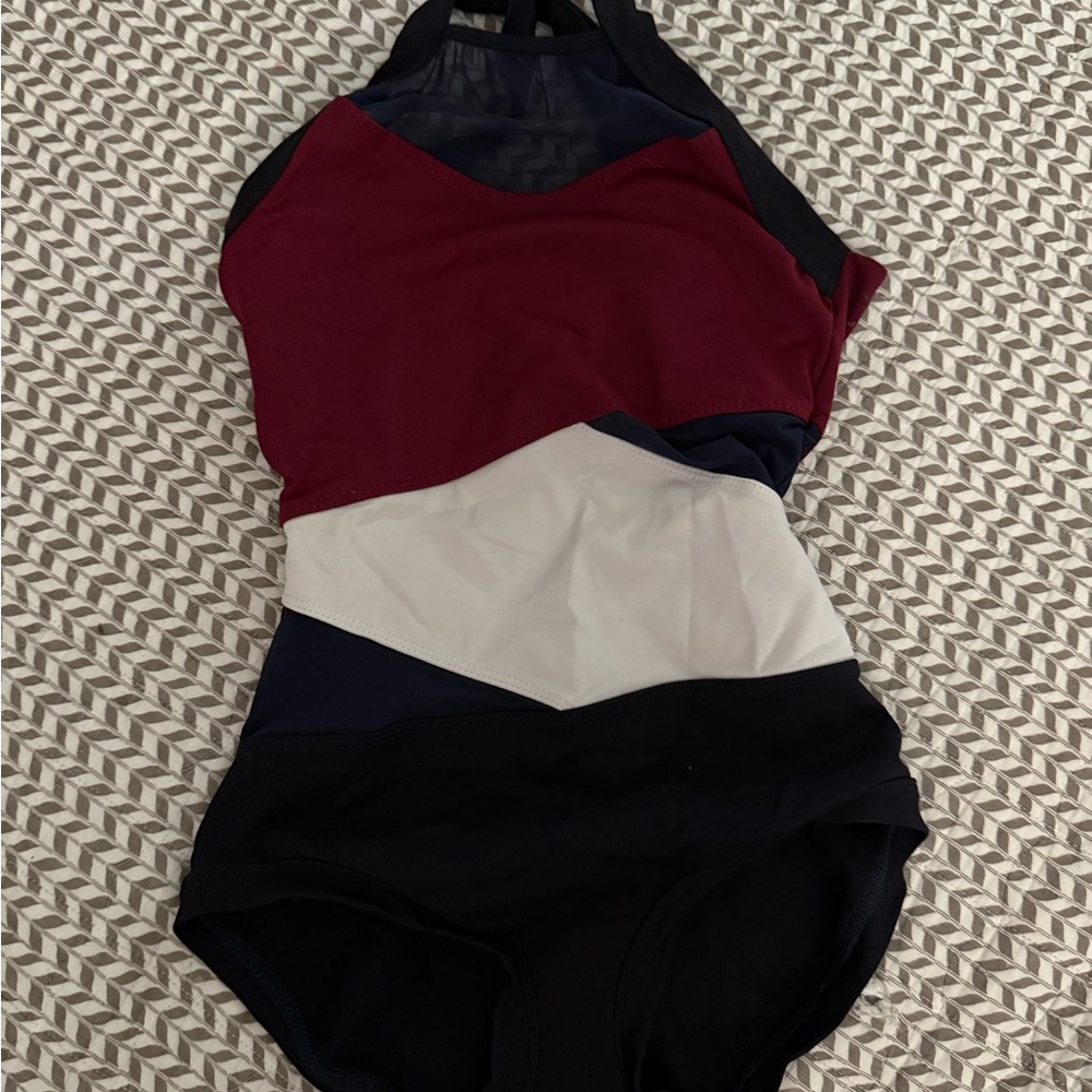 Five dance leotard - navy, maroon, and white - size small adult